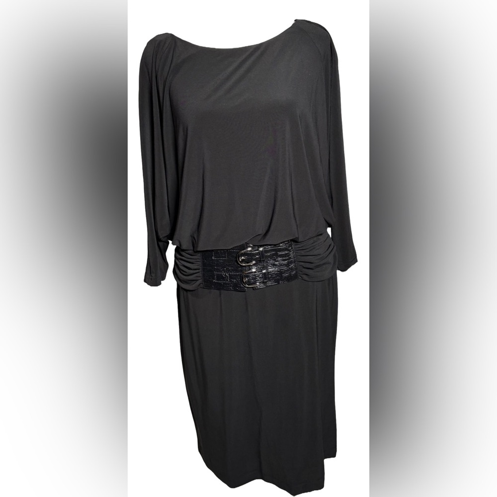 Adrianna Papell 6 Black Dolman Sleeve Belt Detail Dress
